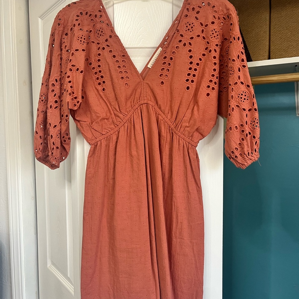 Eyelet V-Neck Midi Dress in Rust